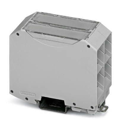 Ein graues Gehäuse für elektrische Anschlüsse mit zwei Durchführungen, geeignet für den Einbau zur Organisation von Kabeln.