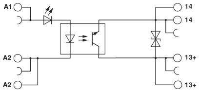 'Schaltplan eines Optokopplers mit Leuchtdiode und Transistor, verbunden mit Kontakten A1, A2 und 13+, 14 auf beiden Seiten.'