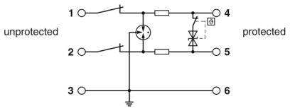 Schaltplan eines Schutzmoduls mit Anschlüssen 1-6. Links: 'unprotected', rechts: 'protected'. Dioden- und Widerstands-Symbol.