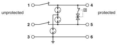 'Schaltplan eines elektrischen Schutzschalters mit sechs Anschlusspunkten. Ein Diode-Symbol zeigt die Schutzrichtung an.'