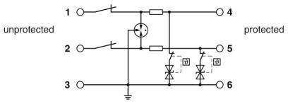 Diagramm eines elektrischen Schaltplans mit sechs Anschlüssen. Links beschriftet als 'unprotected', rechts als 'protected'. Zwei Widerstände, zwei Dioden und ein Transistor sichtbar.