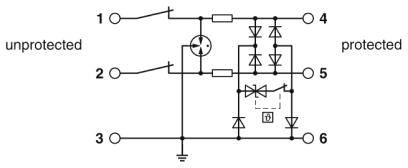 Diagramm eines Schutzschaltkreises: Links 'unprotected', rechts 'protected'. Zeigt Transistor, Widerstände, Dioden, mit sechs Klemmen.