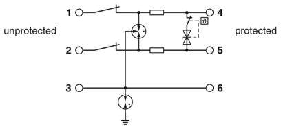 Schaltplan zeigt einen Schutzkreis mit Dioden und Widerständen zwischen Pins, markiert als 'unprotected' und 'protected'.