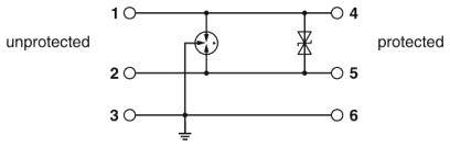 Schaltplan zeigt ein Schaltungsglied mit einem Thyristor, das von 'unprotected' zu 'protected' verbindet. Anschlüsse 1-6 sind markiert.