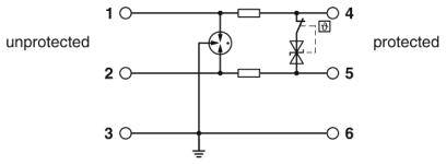 Elektronisches Schaltbild zeigt Schutzdiode zwischen 'unprotected' und 'protected' Anschluss. Komponenten verbunden an Pins 1-6.