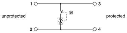 Schaltungsschema zeigt Schutzdiode zwischen Punkt 2 ('unprotected') und Punkt 3 ('protected'), verhindert Rückstrom.