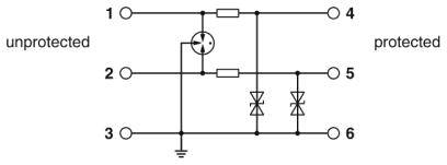Schaltplan zeigt Schutzschaltung mit Transistor und Dioden, verhindert Überspannung zwischen 'unprotected' und 'protected' Bereichen.