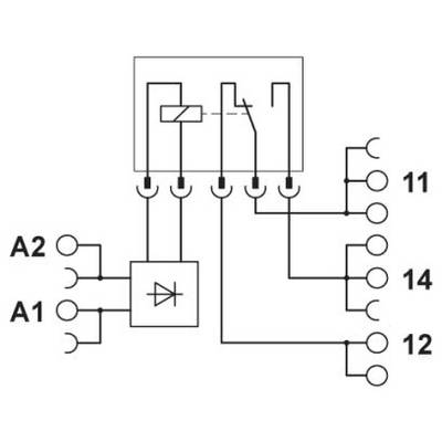 Schaltplan eines elektrischen Relais mit Anschlüssen A1, A2 und 11, 12, 14. Zeigt eine Diode und interne Schalterverbindungen.
