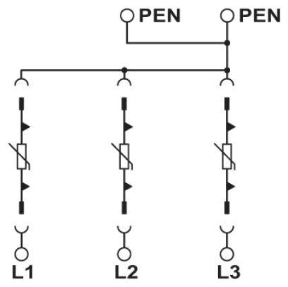 Schaltschema zeigt Dreiphasensystem mit PEN-Leitung, Sicherungen für Leitungen L1, L2, L3 und Verbindungspunkt.