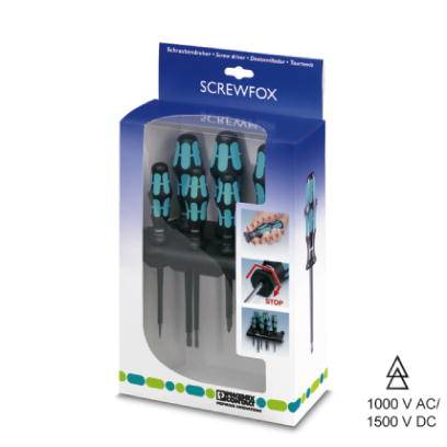 'Screwfox' Schraubendreher-Set mit blauen Griffen in Verpackung, elektrischer Schutz bis 1000 V AC/1500 V DC.