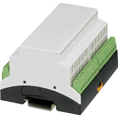 Ein elektrisches Gerät im modularen Gehäuse mit grünen Anschlussklemmen und einem schwarzen Sockel, typischerweise zur Hutschienenmontage verwendet.