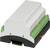 Ein elektrisches Gerät im modularen Gehäuse mit grünen Anschlussklemmen und einem schwarzen Sockel, typischerweise zur Hutschienenmontage verwendet.