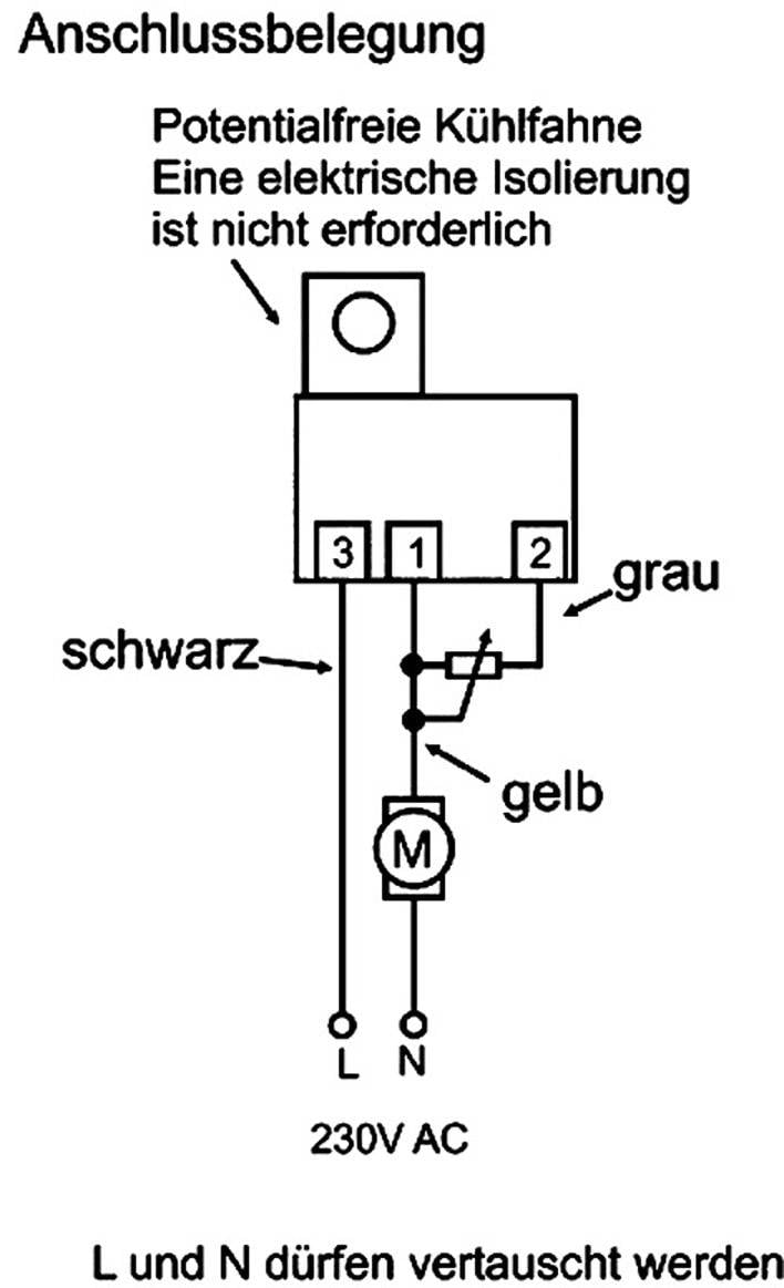 Anschlussschema für ein elektrisches Gerät mit Bezeichnungen: schwarz zu 3, grau zu 1, gelb zu 2. Hinweis: 'L und N dürfen vertauscht werden'.