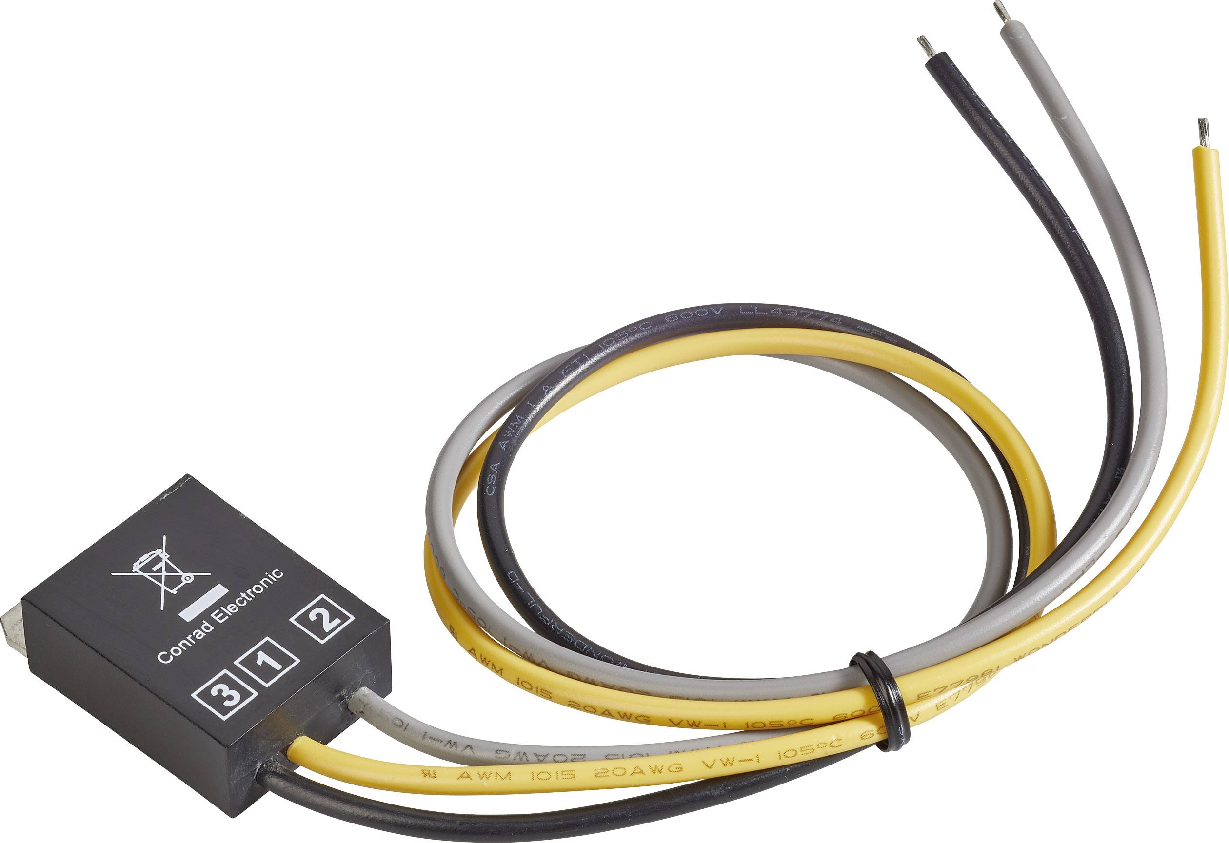 Ein elektronisches Gerät mit drei beschrifteten Anschlüssen (1, 2, 3) und drei farbigen Kabeln (gelb, grau, schwarz).