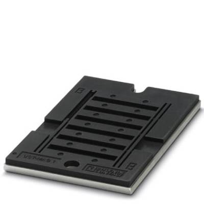 Eine rechteckige, schwarze Kunststoffhalterung mit mehreren Bohrungen. Sie dient als Befestigungsplattform für elektronische Komponenten.