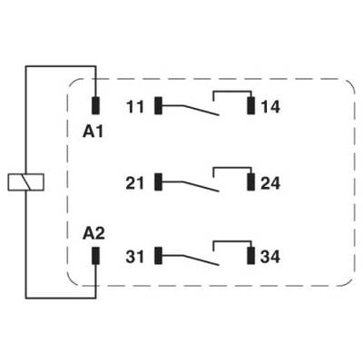 Schaltplan eines Relais mit Spule A1 und A2. Kontakte 11-14, 21-24, und 31-34. Zeigt Schaltkreise und Verbindungen des Relais.
