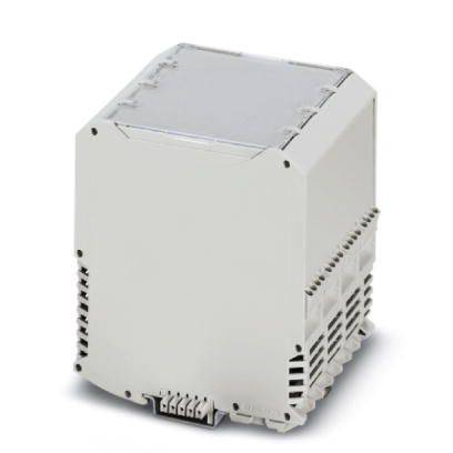 Ein weißes, rechteckiges Elektronikgehäuse mit einem transparenten Deckel, das Anschlüsse an der unteren Seite zeigt.