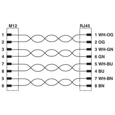 'Diagramm zeigt Pin-Belegung eines M12- zu RJ45-Steckers. Pin 1: WH-OG, Pin 2: OG, Pin 3: WH-GN, Pin 4: GN, Pin 5: WH-BU, Pin 6: BU, Pin 7: WH-BN, Pin 8: BN.'