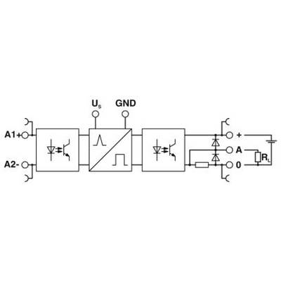 Schaltplan eines elektronischen Bauteils mit Eingängen A1, A2, Ausgang A, O und Erdung GND, zeigt interne Verbindungsschaltkreise.