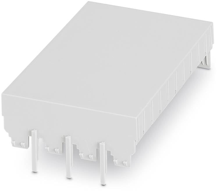 Ein weißes elektronisches Steckmodul mit mehreren Anschlussstiften auf der Unterseite, wahrscheinlich ein Relais oder ein Verbinder.