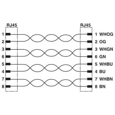 'Netzwerk-Verkabelungsschema mit RJ45-Steckern und Farbkodierung: WHOG, OG, WHGN, GN, WHBU, BU, WHBN, BN'