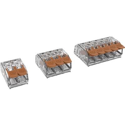 Durchsichtige, kabelanschlussklemmen mit orangenen Hebeln in drei Größen. Verwendet zur Verbindung von elektrischen Leitungen.
