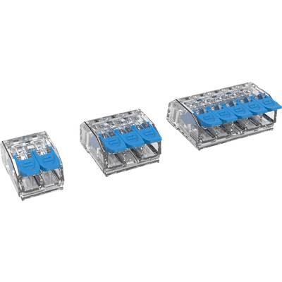 Drei transparente elektrische Steckverbinder mit blauen Hebeln, die nebeneinander in verschiedenen Größen angeordnet sind.