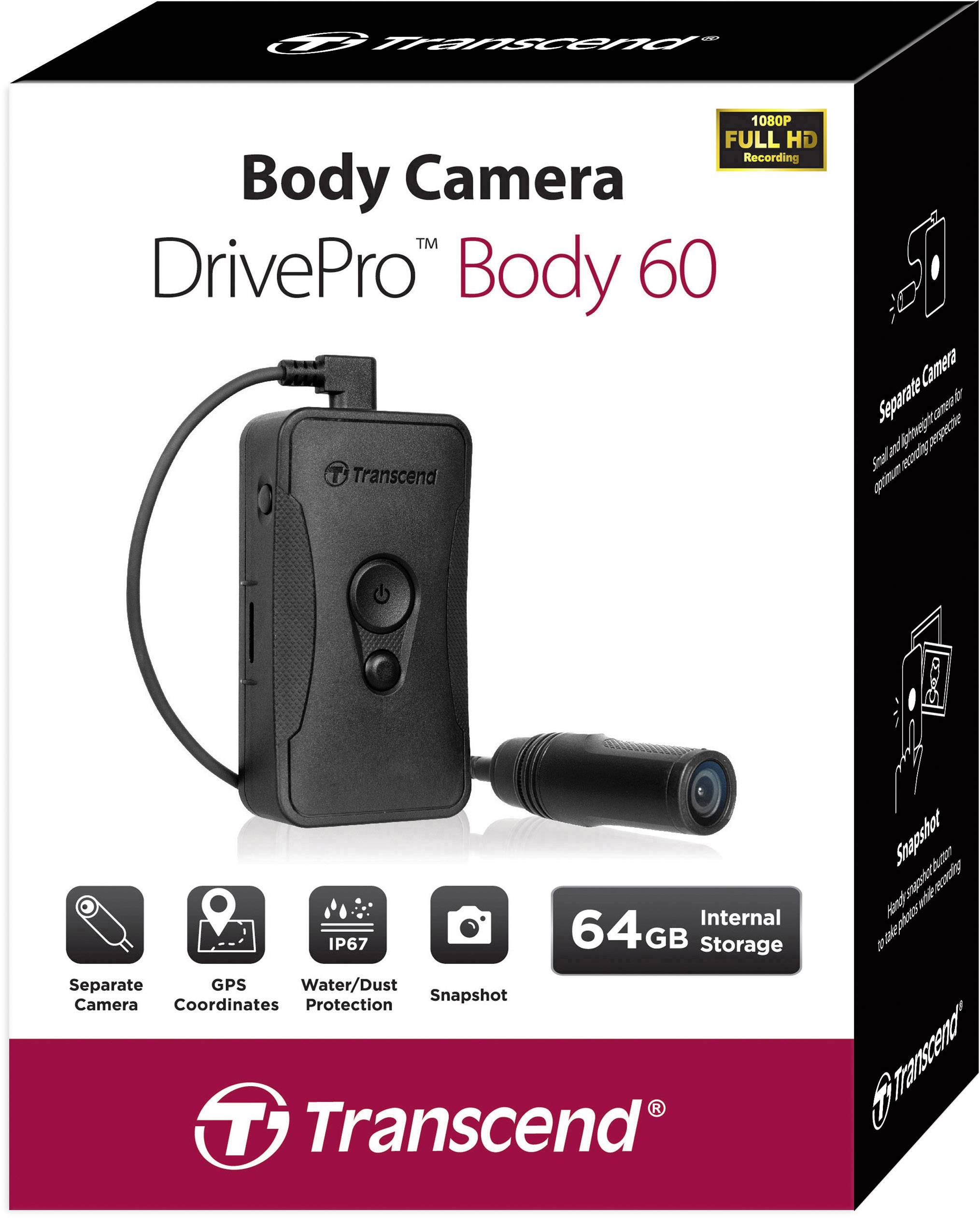 'Body Camera DrivePro Body 60' von Transcend, mit 64GB Speicher, 1080p Full HD, IP67 Wasserschutz und GPS. Verpackung zeigt Kameraabbildung.