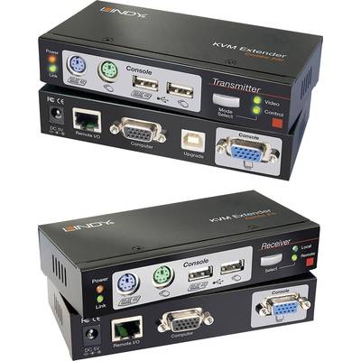 Zwei KVM-Extender-Geräte. Oben der 'Transmitter' mit VGA- und Eingangsanschlüssen, unten der 'Receiver' mit VGA-Ausgang und USB-Anschluss.