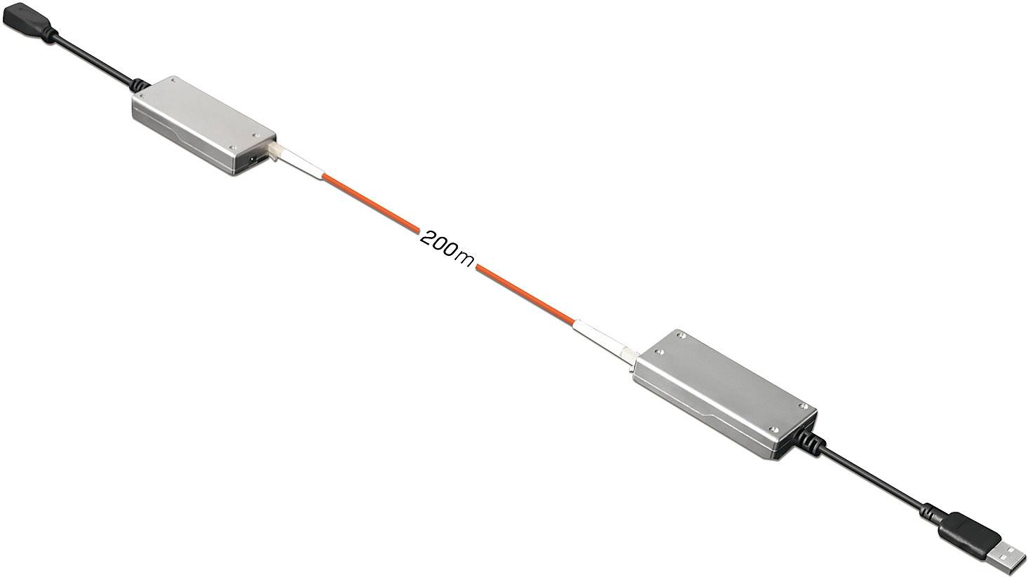 'Line Extender'-Gerät zeigt Kabelverlängerung um 200 m zwischen zwei elektronischen Komponenten.