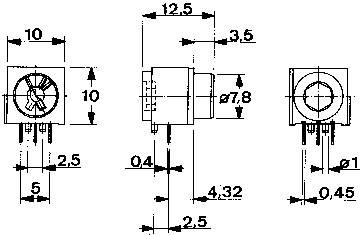 Technische Zeichnung eines Bauteils, mit Maßen in Millimetern. Hauptmaße: 12,5 Breite, 10 Höhe, 3,5 Tiefe, 7,8 Durchmesser.