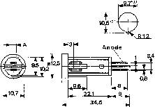 Technische Zeichnung eines elektronischen Bauteils mit Abmessungen und Details zur Anordnung der Anschlüsse.