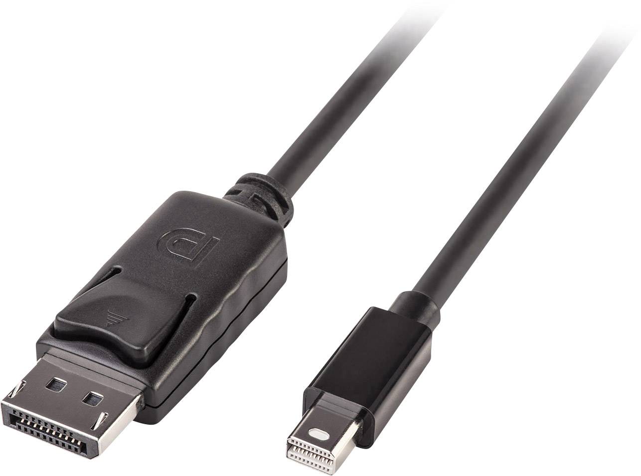 Das Bild zeigt ein Kabel mit einem DisplayPort-Stecker auf der einen und einem Mini DisplayPort-Stecker auf der anderen Seite.