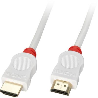 Ein weißes HDMI-Kabel mit roten Akzenten, zeigt beide Stecker.