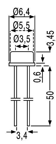 Technische Zeichnung eines zylindrischen Bauteils mit zwei Anschlusspins. Maße: Durchmesser 6,4 mm, Höhe 3,45 mm, Pinlänge 50 mm.