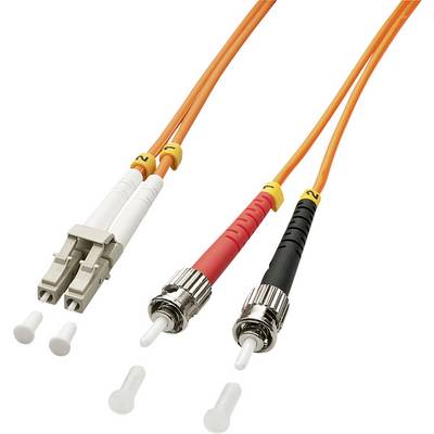 Orange Glasfaserkabel mit zwei verschiedenen Steckertypen: links ein beiger LC-Stecker und rechts zwei runde ST-Stecker, rot und schwarz markiert.