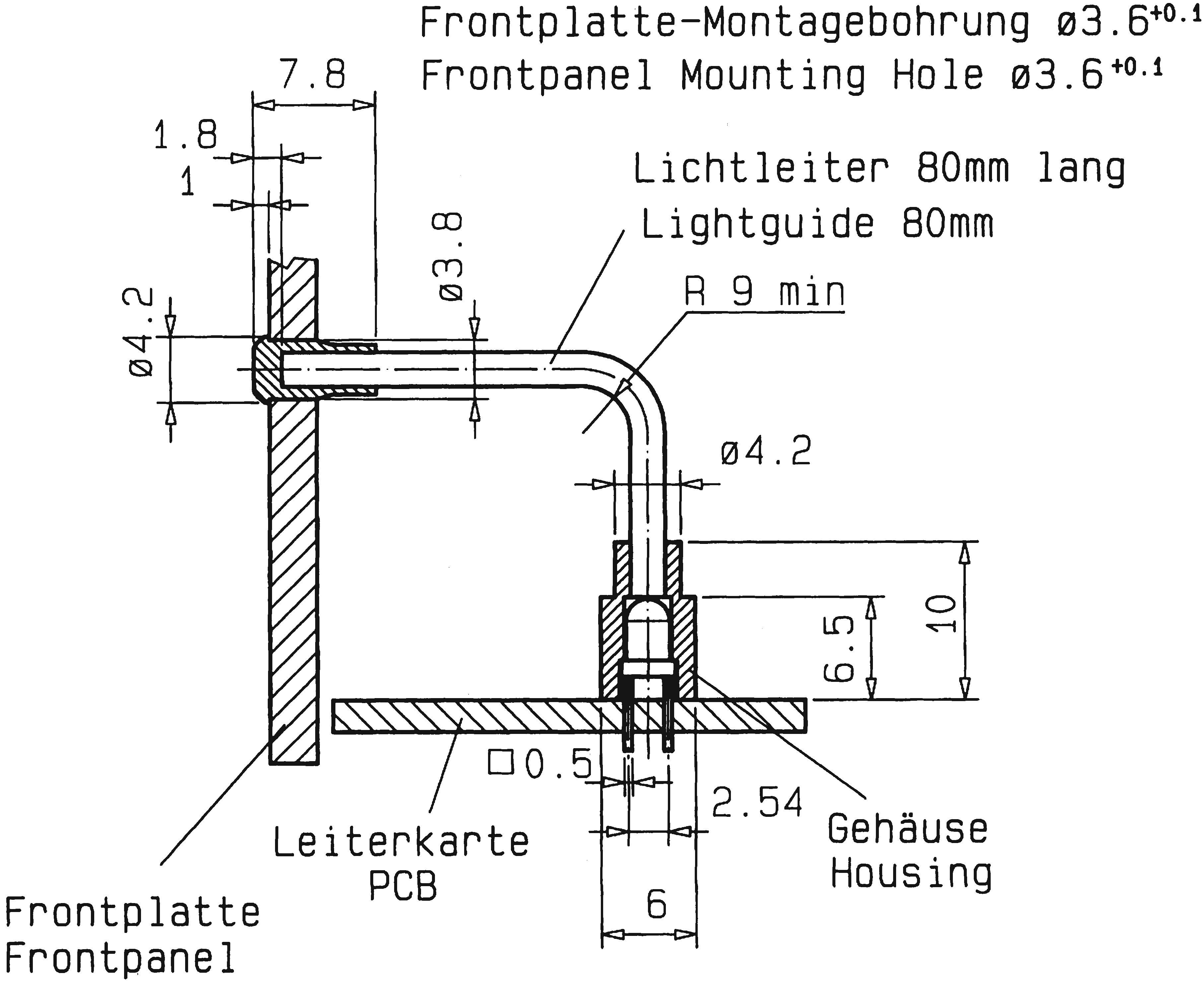 Technische Zeichnung eines Lichtleitersystems zeigt Abmessungen und Montagelöcher. Enthält Maßeinheiten in mm und spezifische Anweisungen.