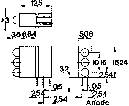 Technische Zeichnung eines elektronischen Bauteils mit Maßen. Zeigt Anschlüsse und Abstände für den Einbau.