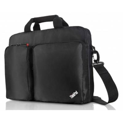Eine schwarze Laptop-Tasche mit zwei Vordertaschen und einem Schultergurt.