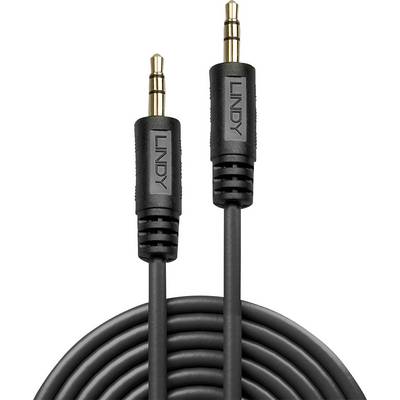 Ein schwarzes Audiokabel mit 3,5-mm-Steckern an beiden Enden, markiert mit 'LINDY'; geeignet für Audioverbindungen.