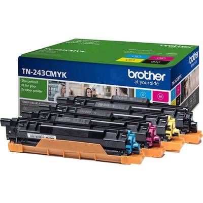 Vier Tonerkartuschen (Schwarz, Cyan, Magenta, Gelb) vor einer Verpackung für Brother-Drucker, Modell TN-243CMYK.