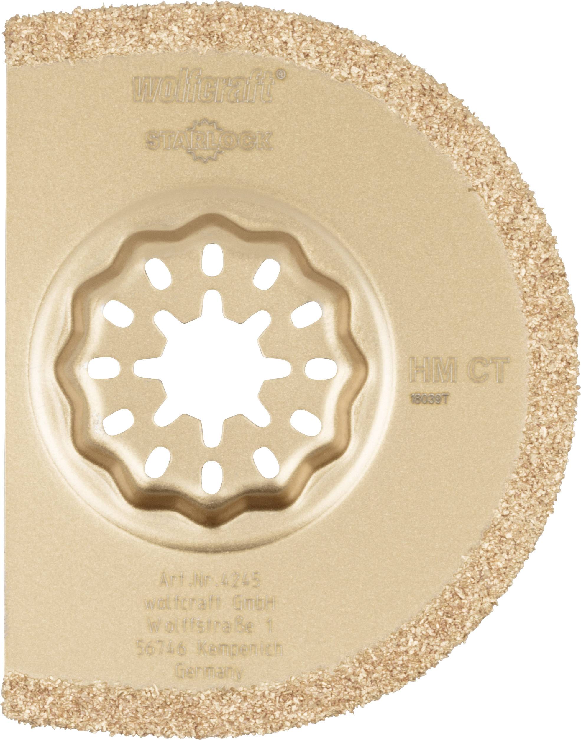 Ein oszillierendes Sägeblatt mit gezahnter Halbkreisform und goldener Farbe von der Marke Wolfcraft. Geeignet für Vielzweckanwendungen.