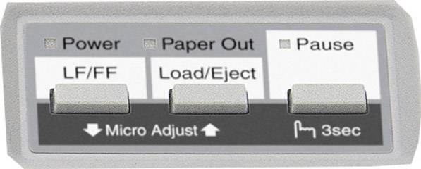 Eine graue Druckerbedienfeldanzeige mit Schaltern: 'Power', 'Paper Out', 'Pause', 'LF/FF', 'Load/Eject', 'Micro Adjust' und '3sec'.
