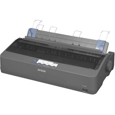 Elektronischer Nadeldrucker mit grauem Gehäuse, blauen Akzenten und transparenten Papierführungen auf der Oberseite.