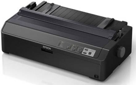 Ein schwarzer Nadeldrucker mit Bedienfeld und Papierzufuhr oben.