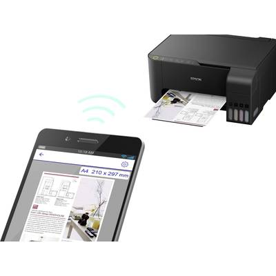 Ein Smartphone sendet ein Dokument drahtlos an einen Drucker zum Drucken. Das Dokument zeigt grafisches Material und Textinformationen.