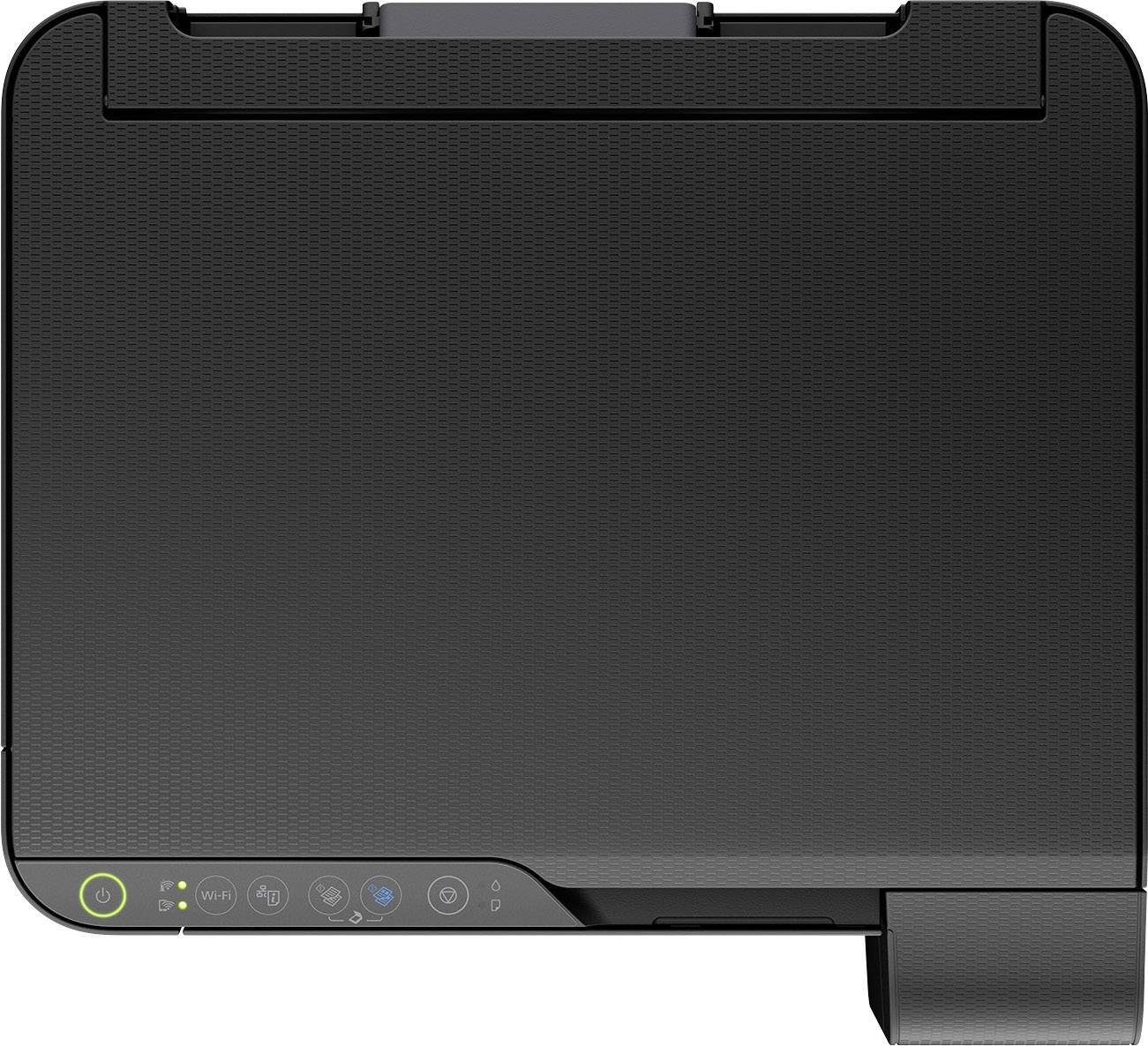 Ein schwarzer Drucker von oben mit sichtbaren Bedienelementen, darunter Tasten für Strom, WLAN und Fehleranzeige.