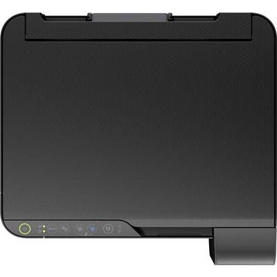 Ein schwarzer Drucker von oben mit sichtbaren Bedienelementen, darunter Tasten für Strom, WLAN und Fehleranzeige.