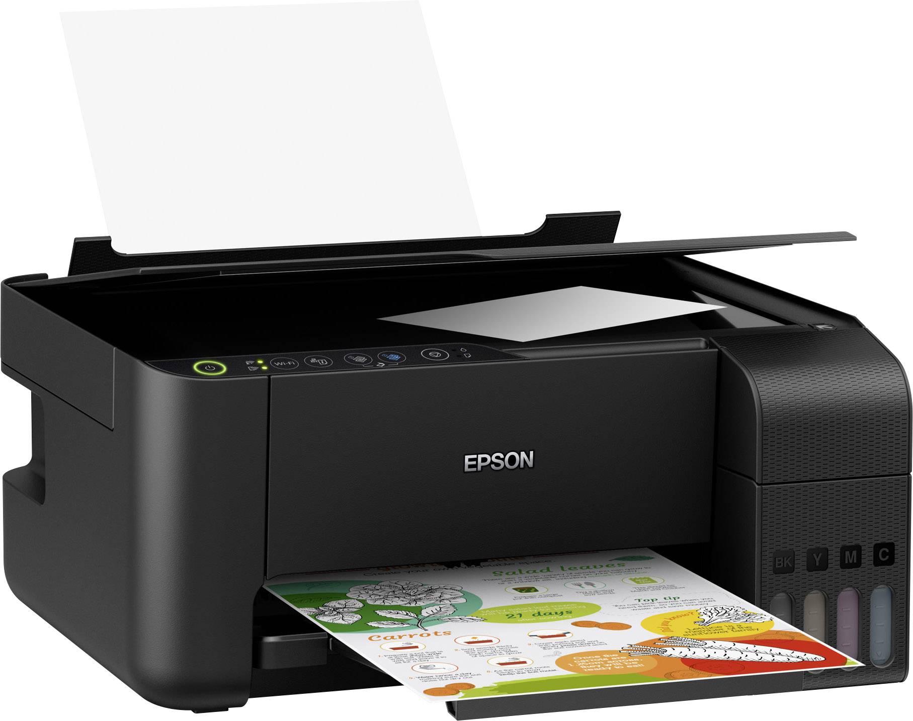 Ein schwarzer Drucker von Epson mit sichtbaren Tintentanks an der Seite, druckt ein farbiges Blatt mit Grafiken und Text.