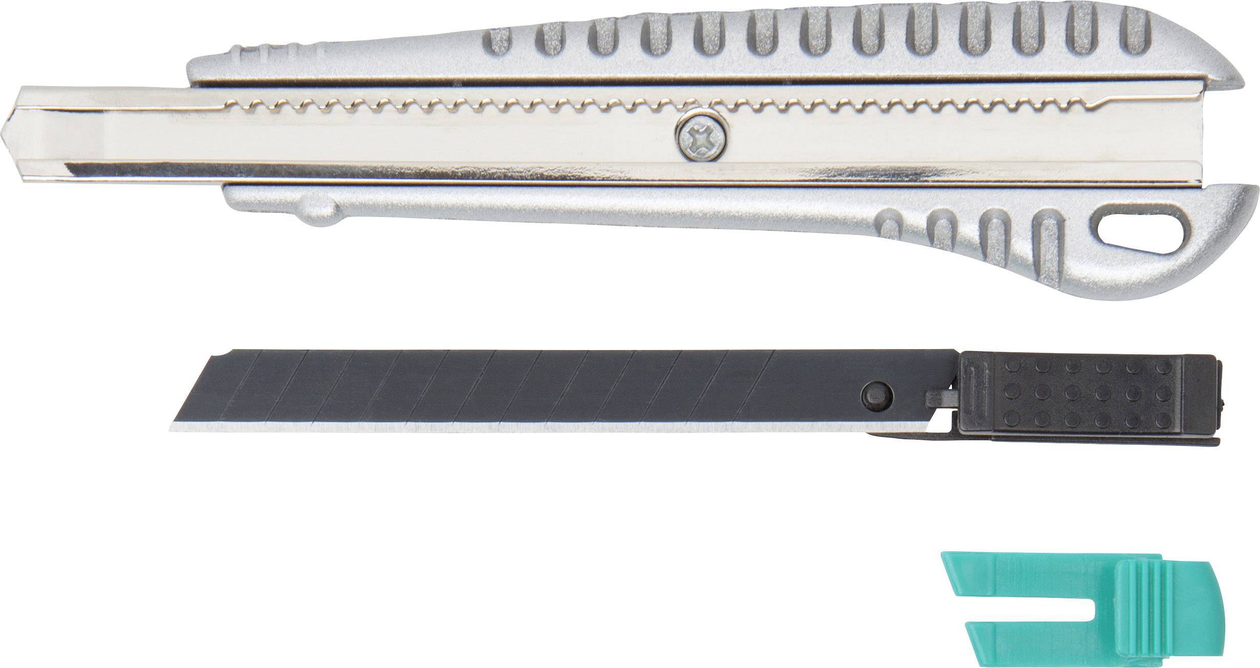 Ein silberner Cutter mit herausgeschobener schwarzer Klinge und eine grüne Kunststoffkappe daneben.